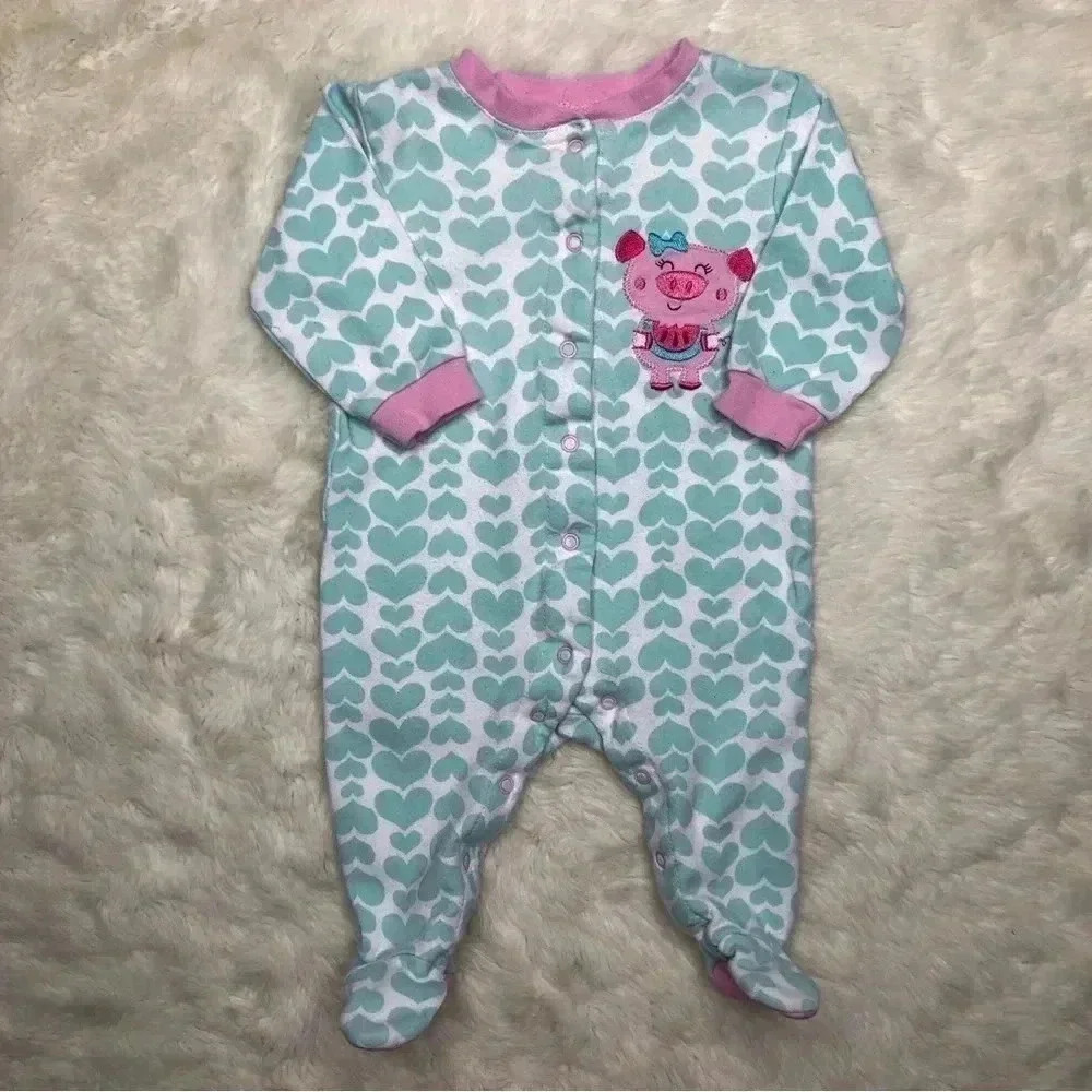 Pekkle Footed Onesie Pajamas White / Blue / Pink Hearts  / Pig Size 3 Months